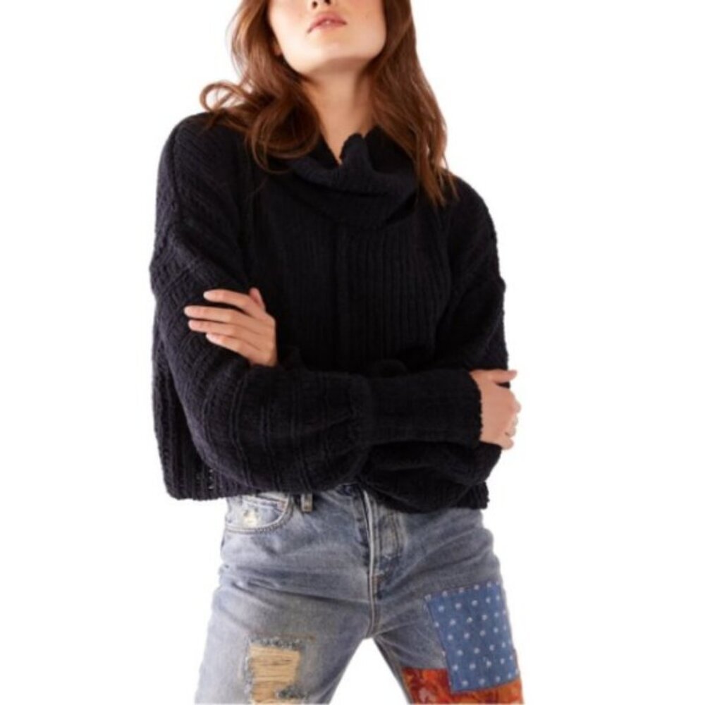 New FREE PEOPLE Be Yours Cowl Neck Crop Sweater Loose-fit Pullover Black XS